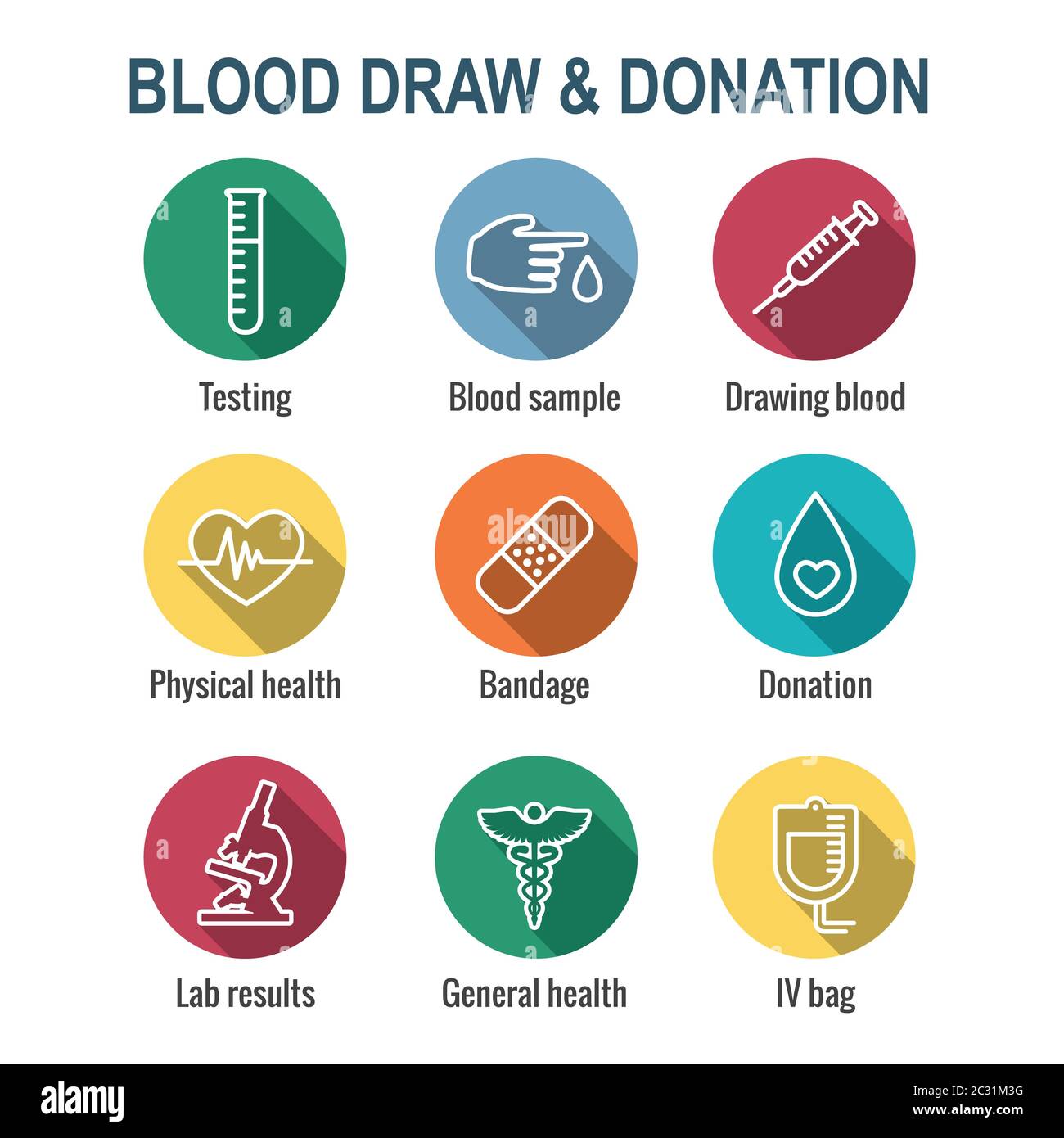 Set di icone per analisi del sangue e lavoro con idee per siringhe, donazioni e campioni di sangue Illustrazione Vettoriale