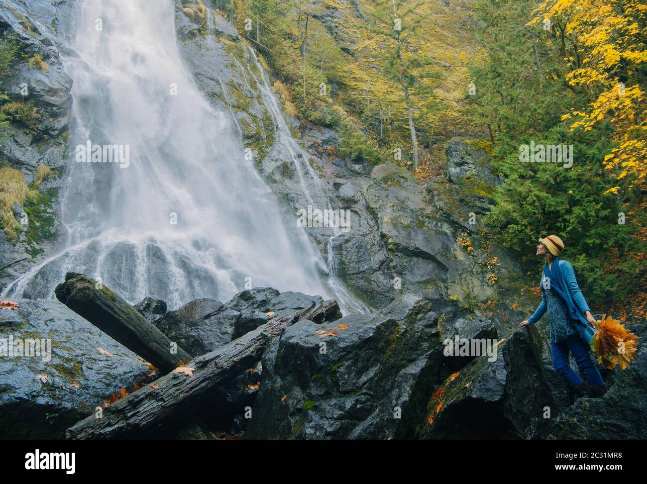 Vista della donna sulla roccia con bouquet di foglie di caduta, Rocky Brook Falls, Brinnon, Washington, USA Foto Stock
