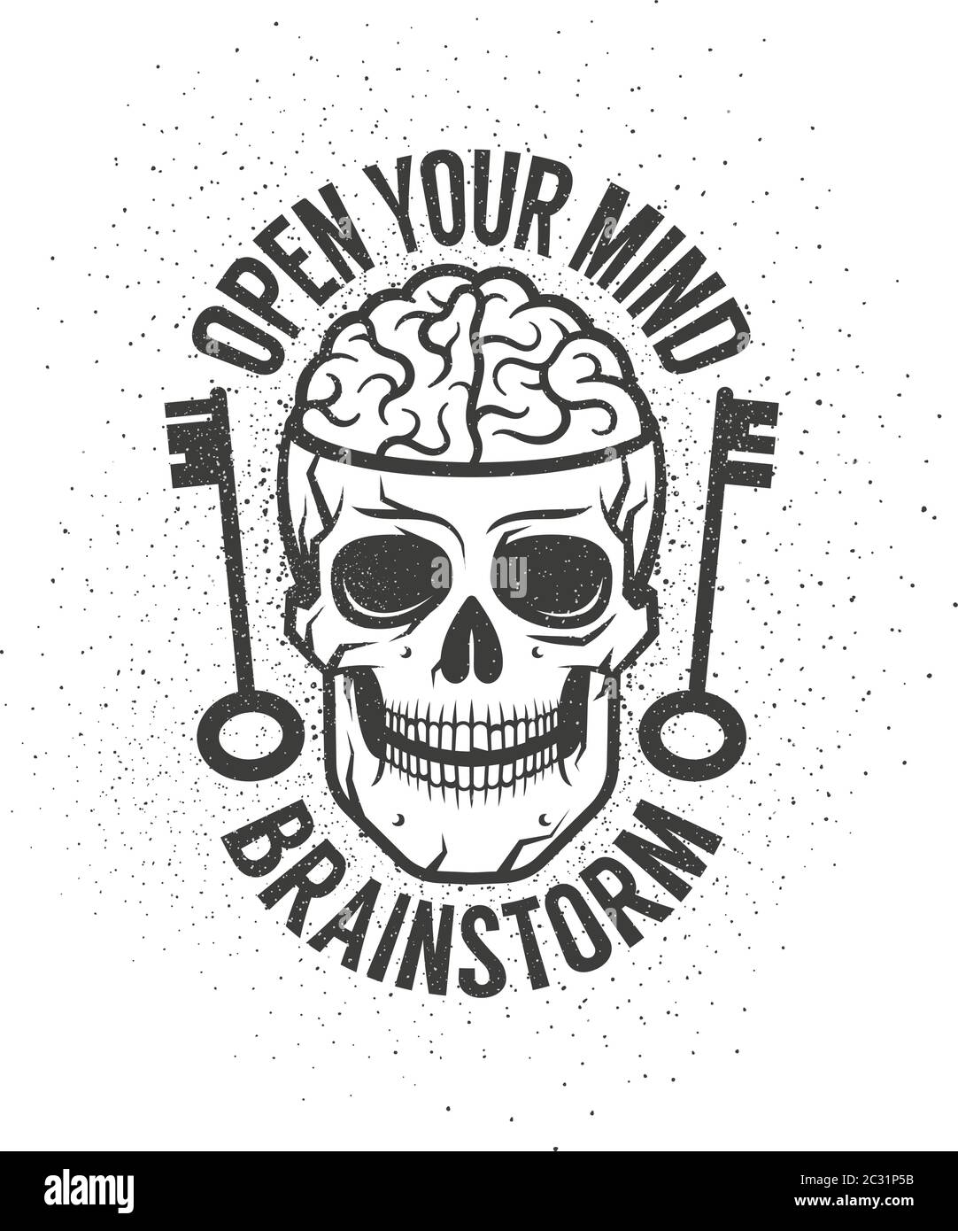 Stemma retrò con un cervello umano nel cranio e. vecchie chiavi Illustrazione Vettoriale