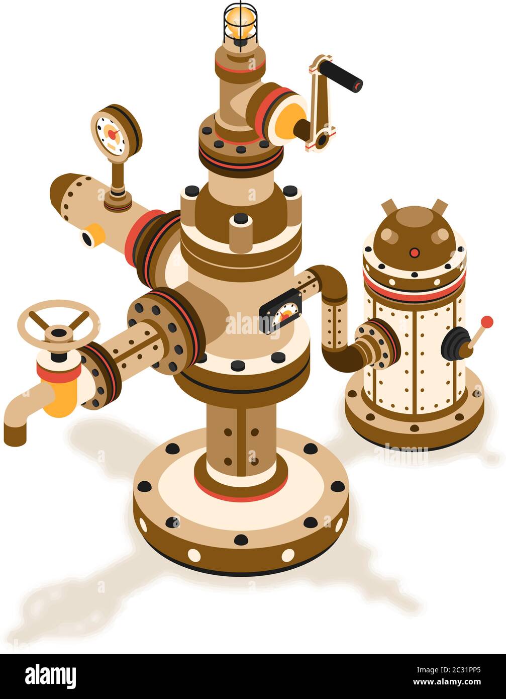 Steampunk isometrico fantastico meccanismo per fornire un dispositivo fluido Illustrazione Vettoriale