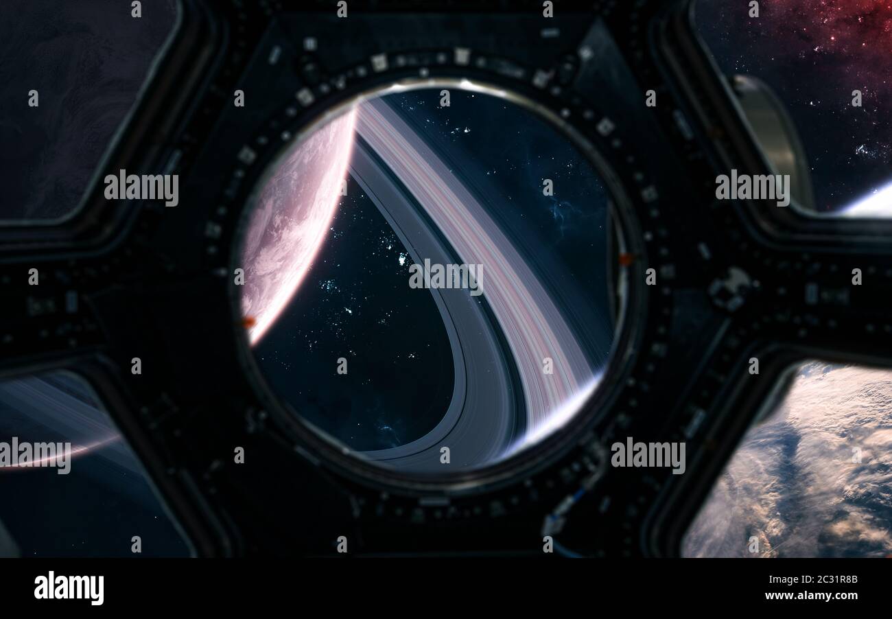 Pianeti di spazio profondo. Vista dall'oblò della navicella spaziale Foto Stock