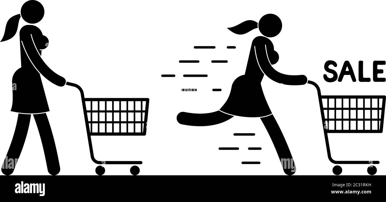 Pittogramma donna che cammina con il carrello della spesa Illustrazione Vettoriale