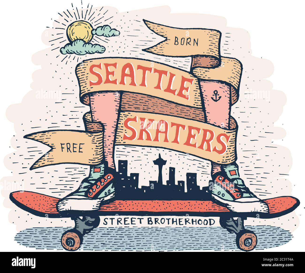 Gambe in sneakers in piedi sullo skateboard, circondato da nastro araldico Illustrazione Vettoriale Gambe in sneakers in piedi sullo skateboard, circondato da nastro araldico Illustrazione Vettoriale