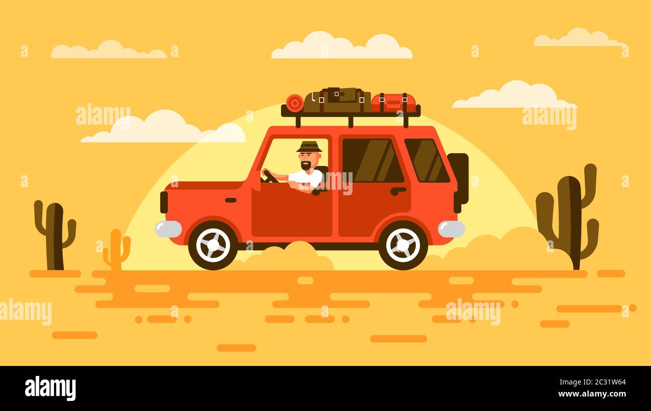 Turista bearded in un cappello, guida un'automobile nel deserto. Illustrazione Vettoriale