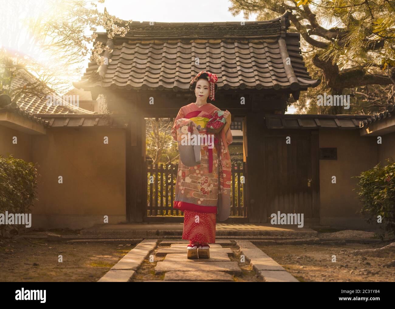Maiko in un kimono che si posa su un sentiero in pietra di fronte al cancello di una casa tradizionale giapponese Foto Stock