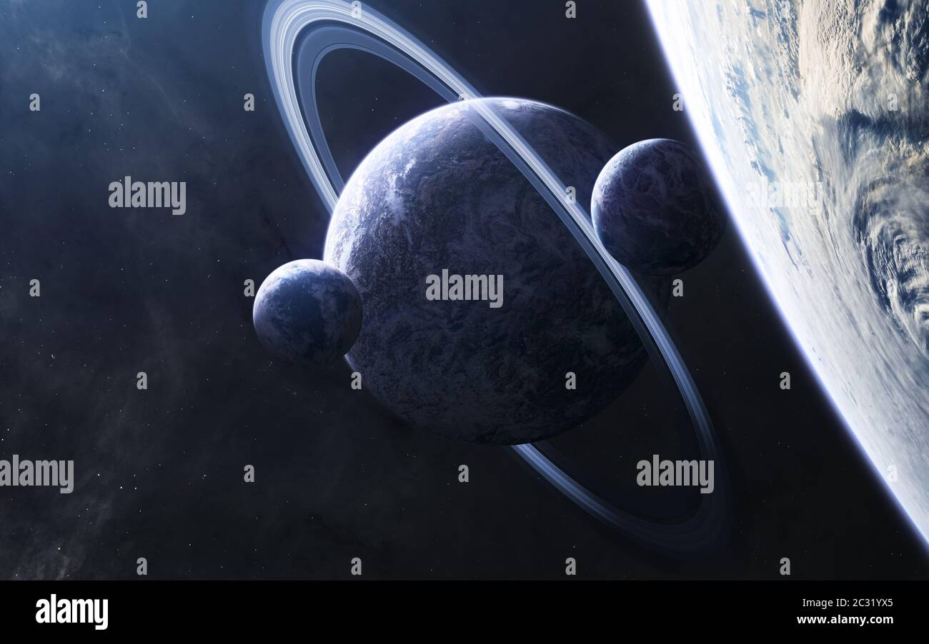Pianeti in uno spazio profondo in luce blu Foto Stock