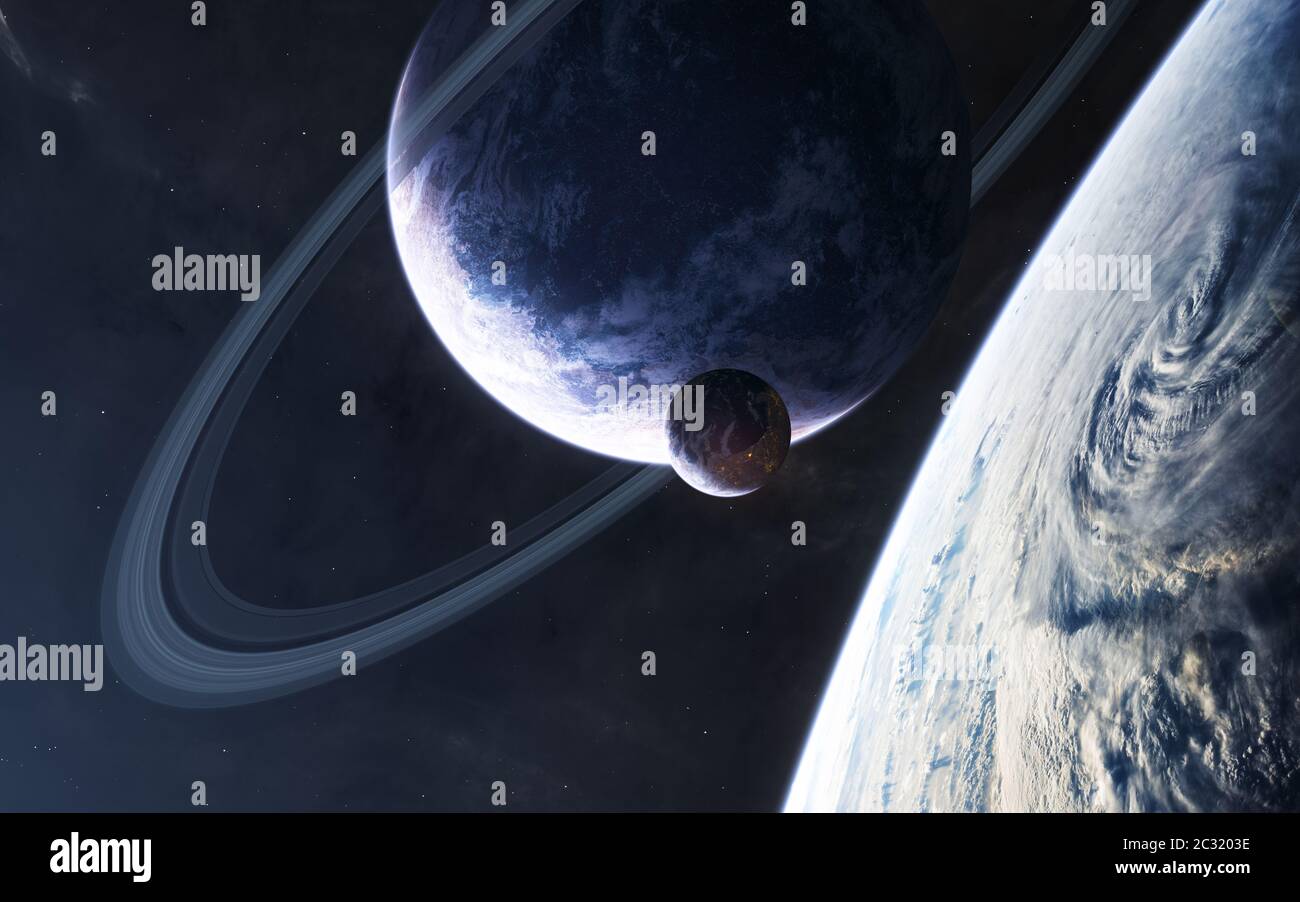 Pianeti in luce blu da qualche parte nello spazio profondo Foto Stock