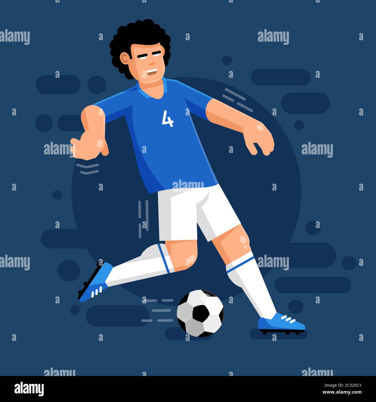 Calciatore italiano con palla in uniforme blu bianco Illustrazione Vettoriale