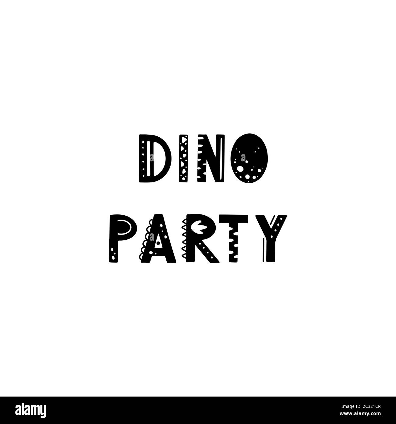 Divertente bambini che lettering tex Dino Party con elementi disegnati a mano in stile scandinavo per poster, bambini design asilo. Illustrazione vettoriale. Illustrazione Vettoriale