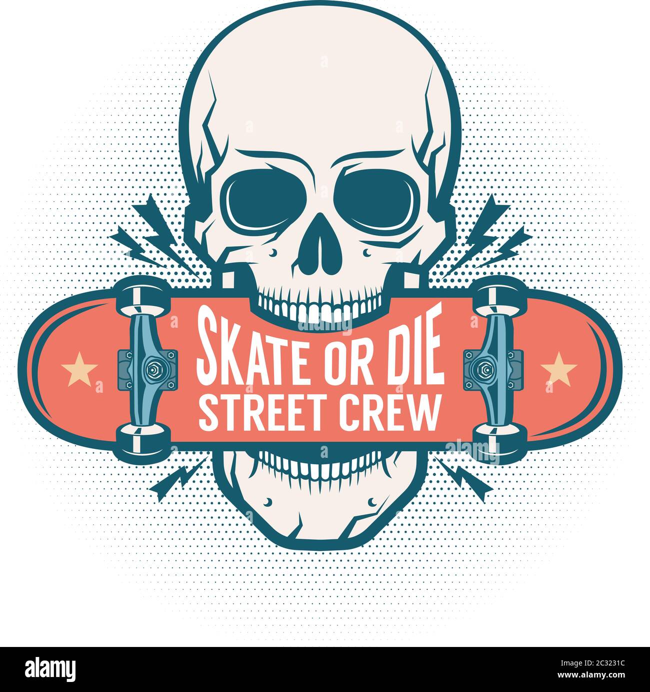 Il cranio tiene uno skateboard nei denti Illustrazione Vettoriale Il cranio tiene uno skateboard nei denti Illustrazione Vettoriale