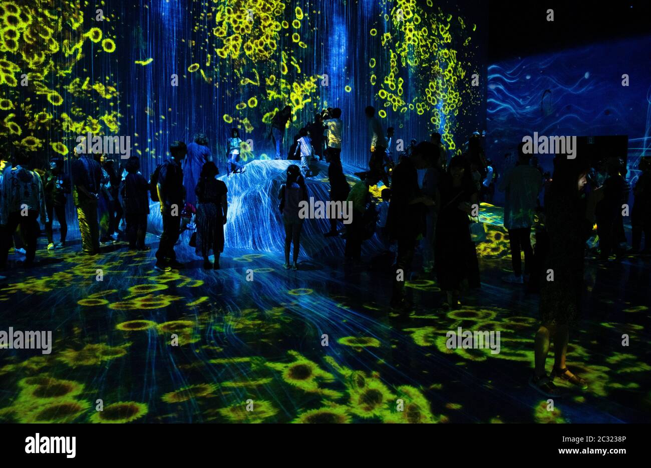 Le persone ad esplorare e godendo di borderless world digital art exhibition di teamLab a Mori Building, Odaiba, presso Tokyo, Giappone. Foto Stock