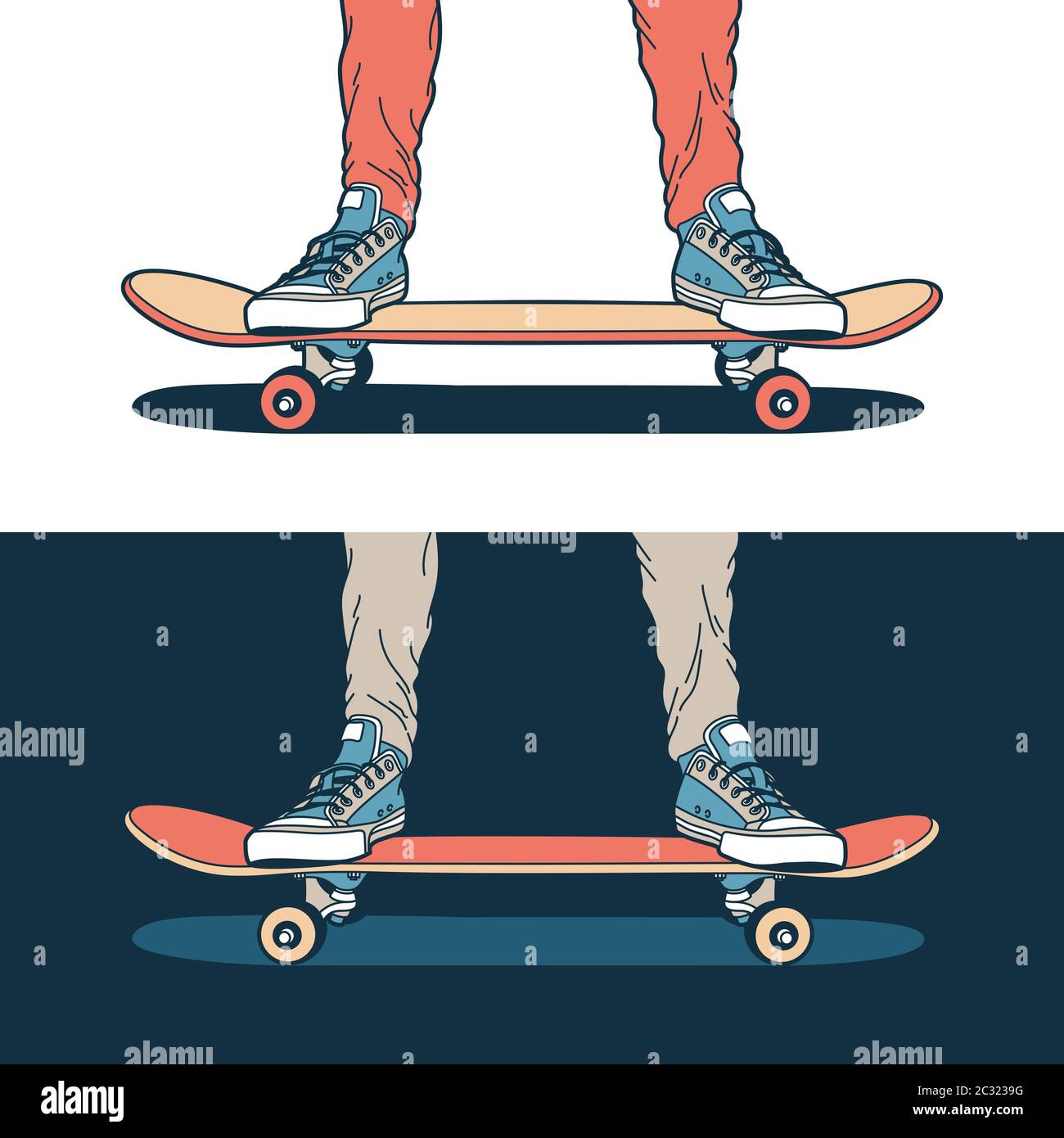 Le gambe in classiche sneakers blu si posizionano su uno skateboard Illustrazione Vettoriale Le gambe in classiche sneakers blu si posizionano su uno skateboard Illustrazione Vettoriale