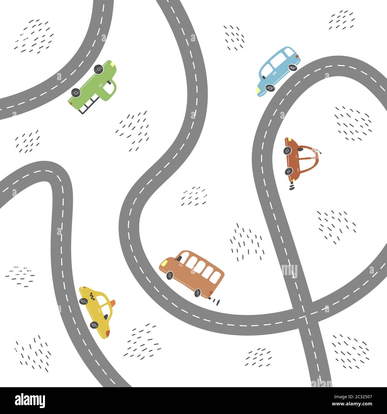 Cartoon cute mappa per bambini con auto, strada, città elementi paesaggistici. Auto, costruzione, strada di disegno a mano, stile giocattolo per bambini. Illustrazione vettoriale. Illustrazione Vettoriale