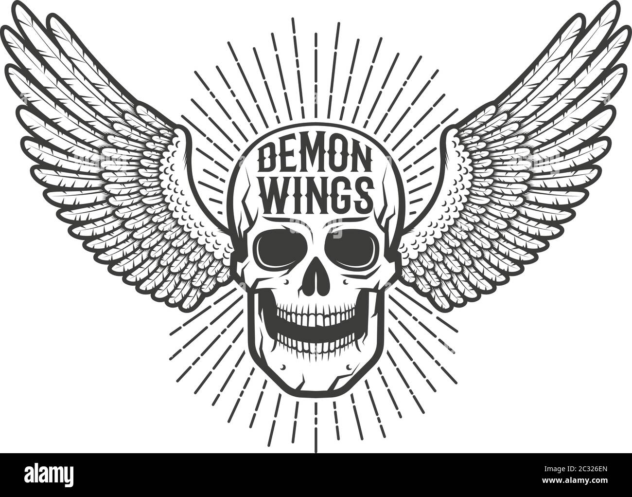 Autentico emblema retrò, il tatuaggio è un teschio con le ali Illustrazione Vettoriale