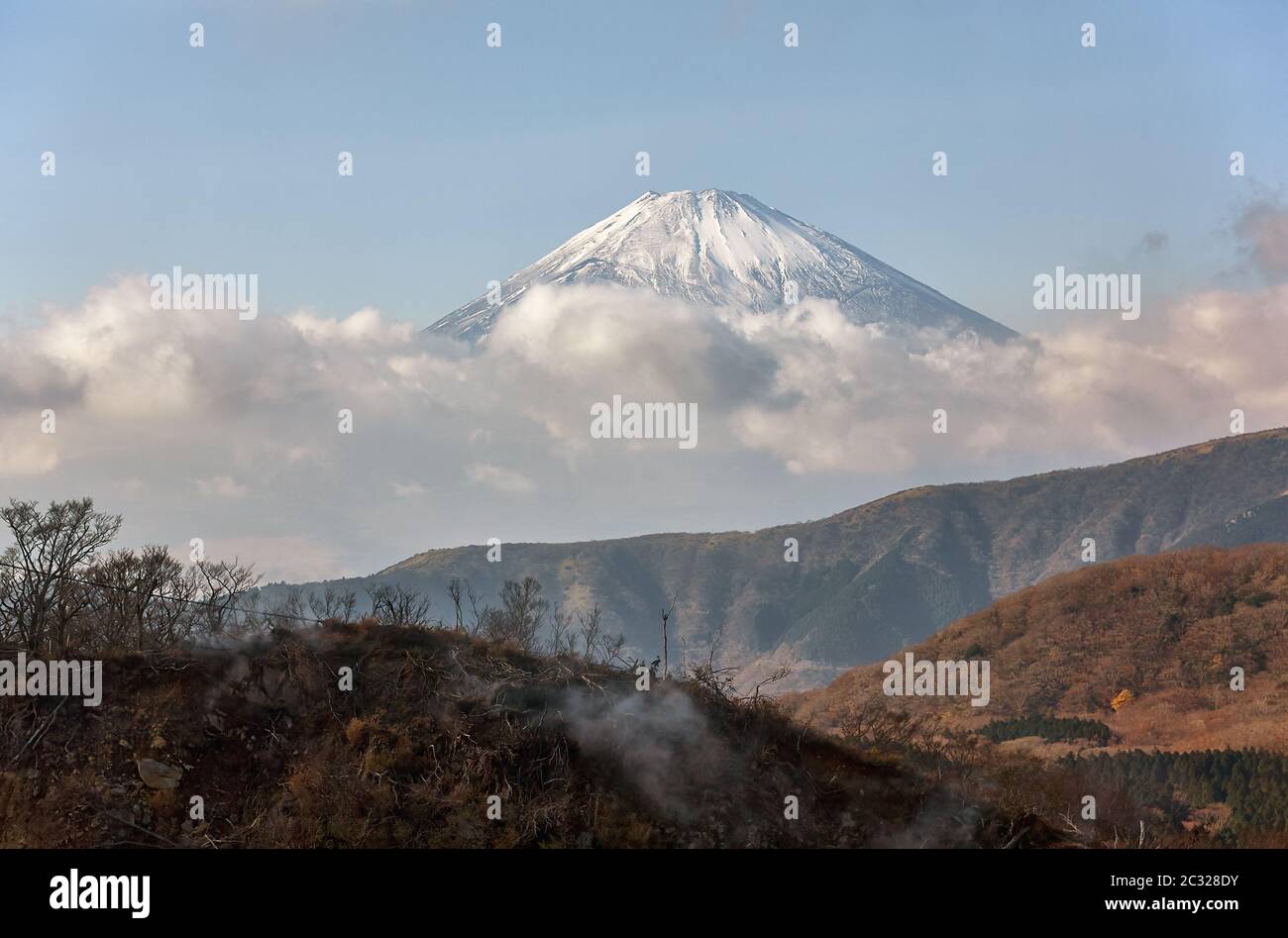 Monte Fuji vetta tra le nuvole. Area di Hakone della Prefettura di Kanagawa in Honshu. Giappone Foto Stock