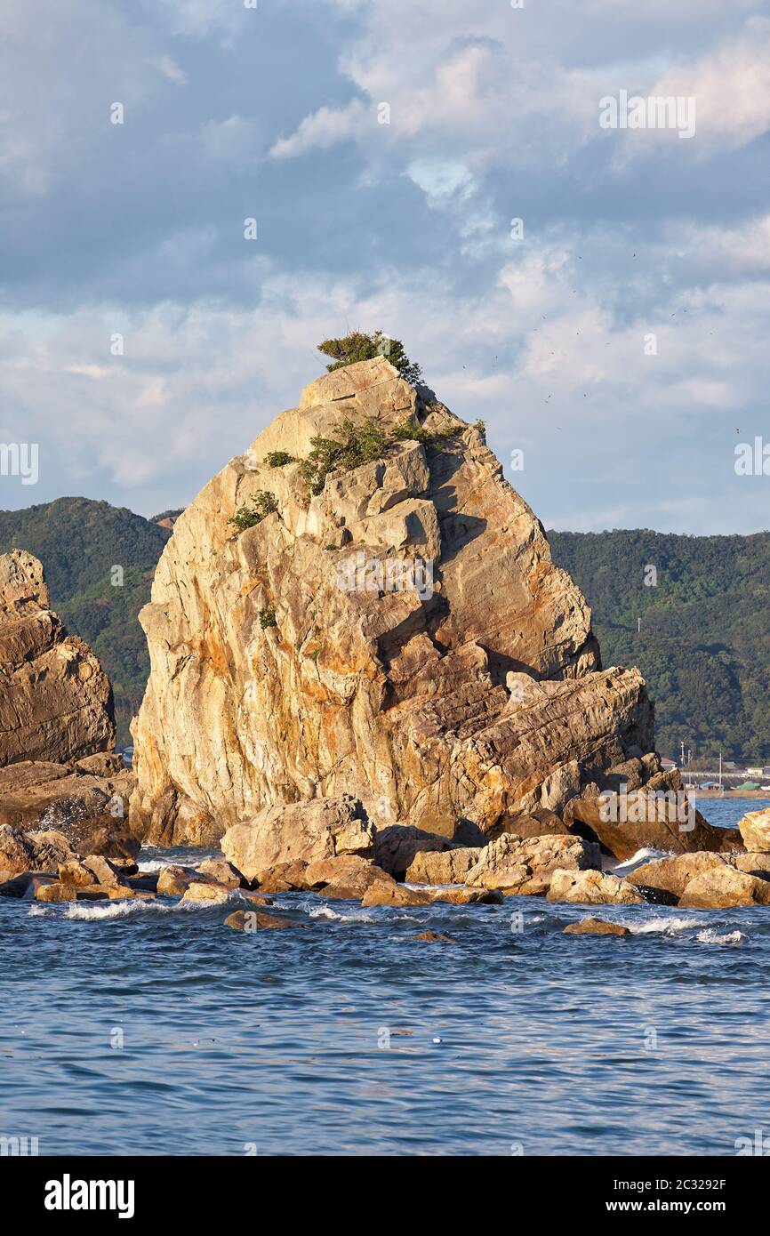 La colonna-roccia separata del ponte Hashigui-iwa al Kushimoto. Wakayama. Honshu. Giappone Foto Stock