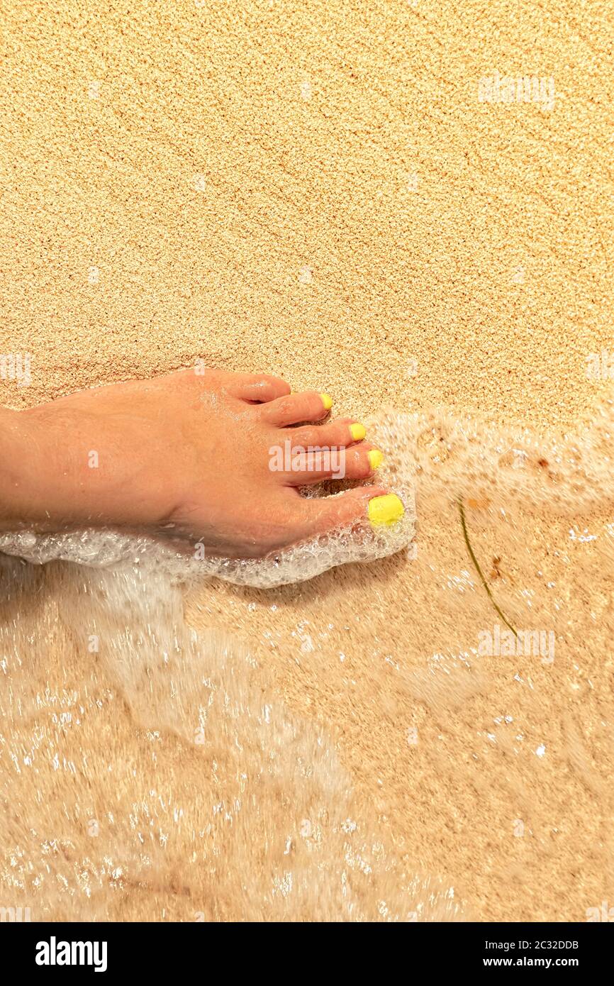Piede caucasico femmina che si tuffa nell'oceano su una spiaggia sabbiosa. Foto Stock