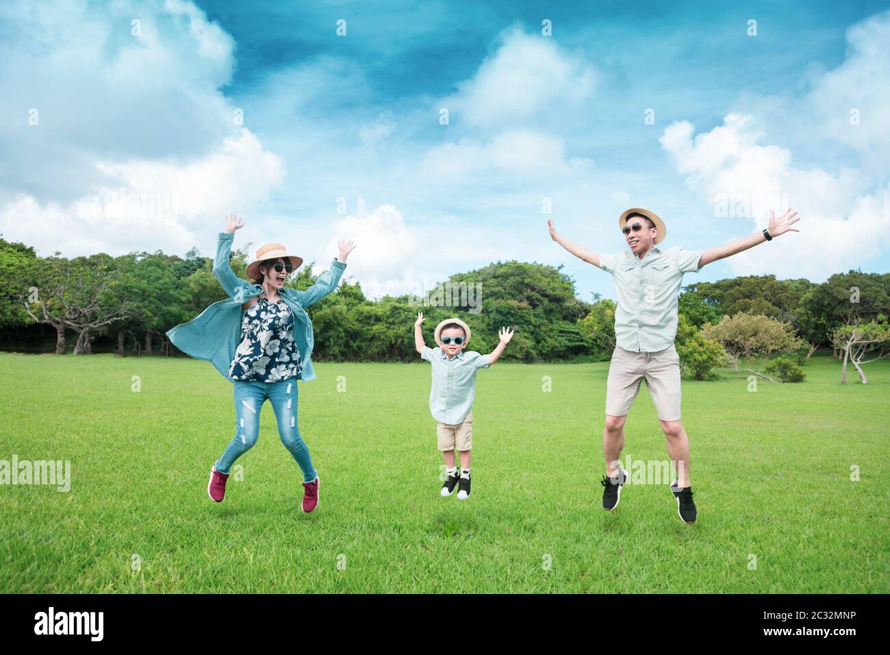 la famiglia salta sull'erba e si gode la vacanza estiva Foto Stock