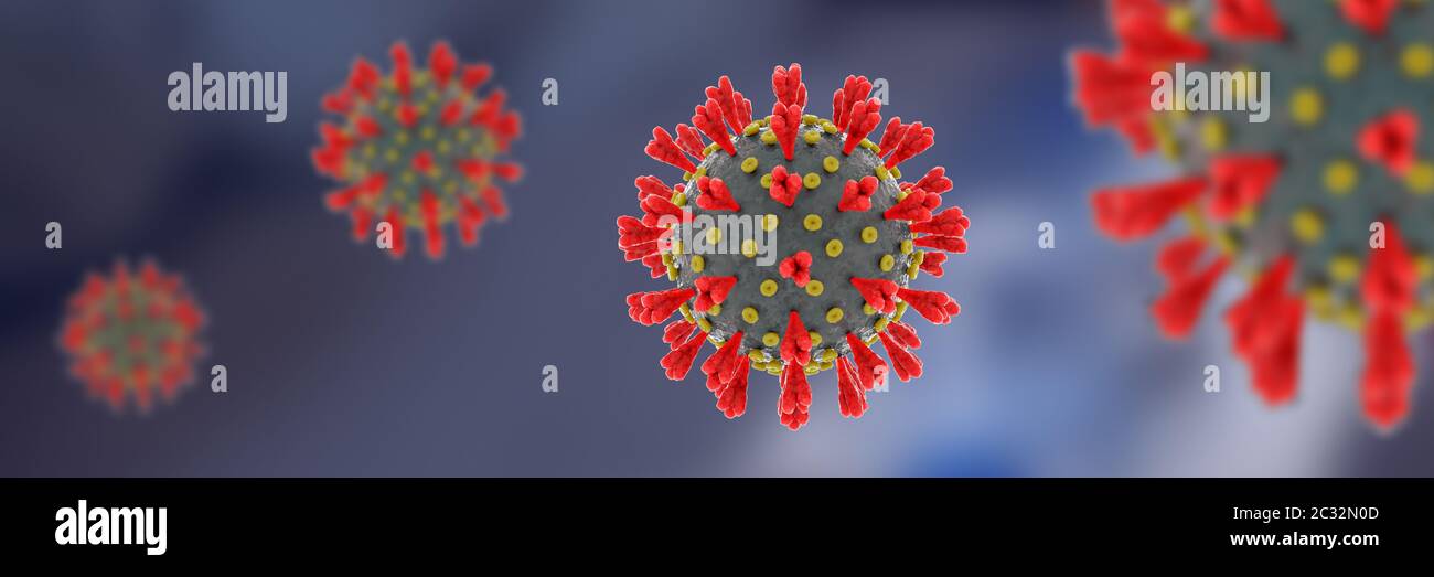 Nuovo coronavirus su sfondo blu ampio banner. Virus della sindrome respiratoria acuta grave, SARS-COV-2, che causa la malattia di COVID-19. Rendering 3D dettagliato di m Foto Stock