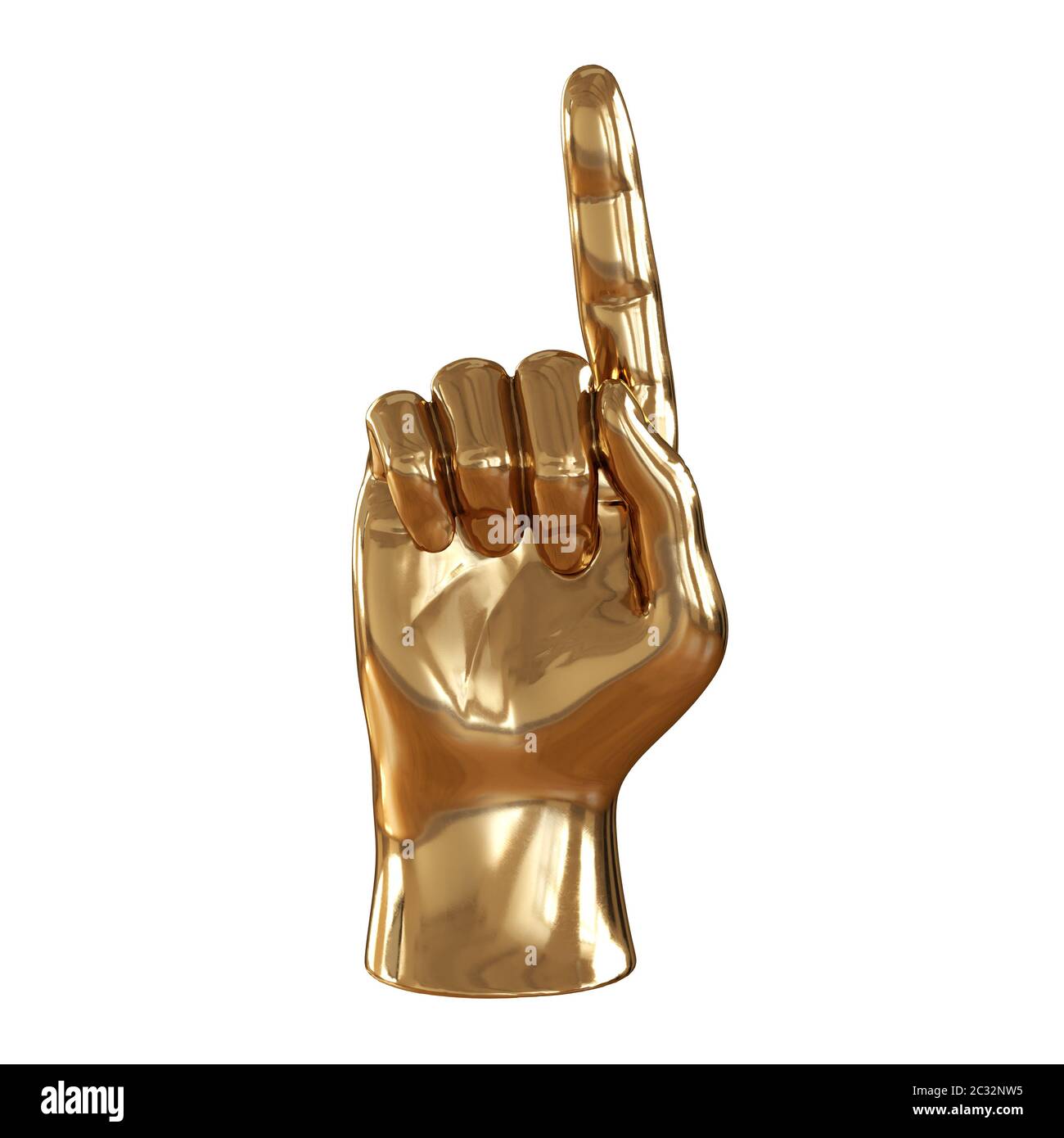 Figurina dorata di una mano con un dito indice sollevato su uno sfondo bianco. Vista frontale. rendering 3d Foto Stock