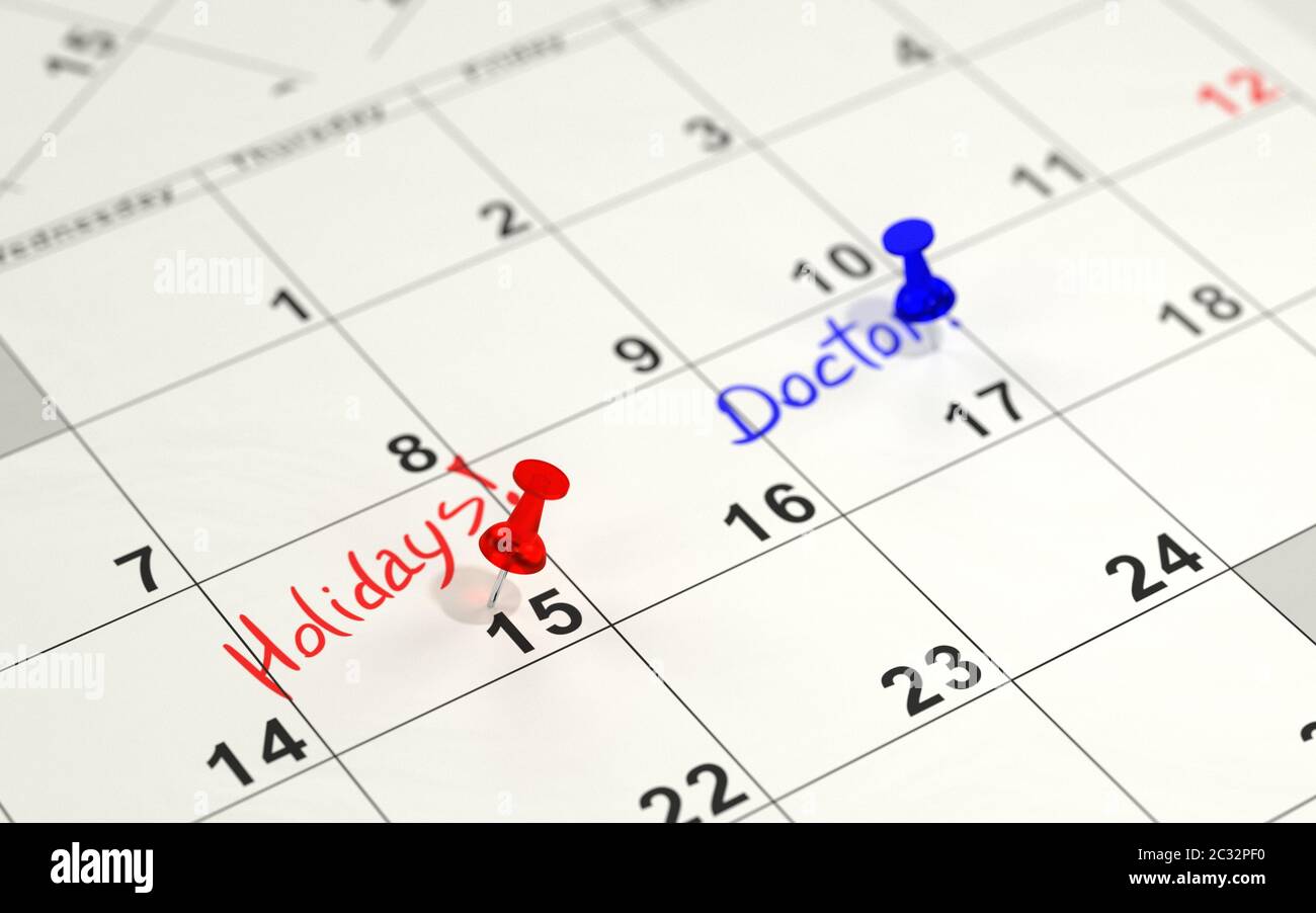 Il rosso e il blu pin segnando il giorni importanti su un calendario. Il rendering 3D. Foto Stock