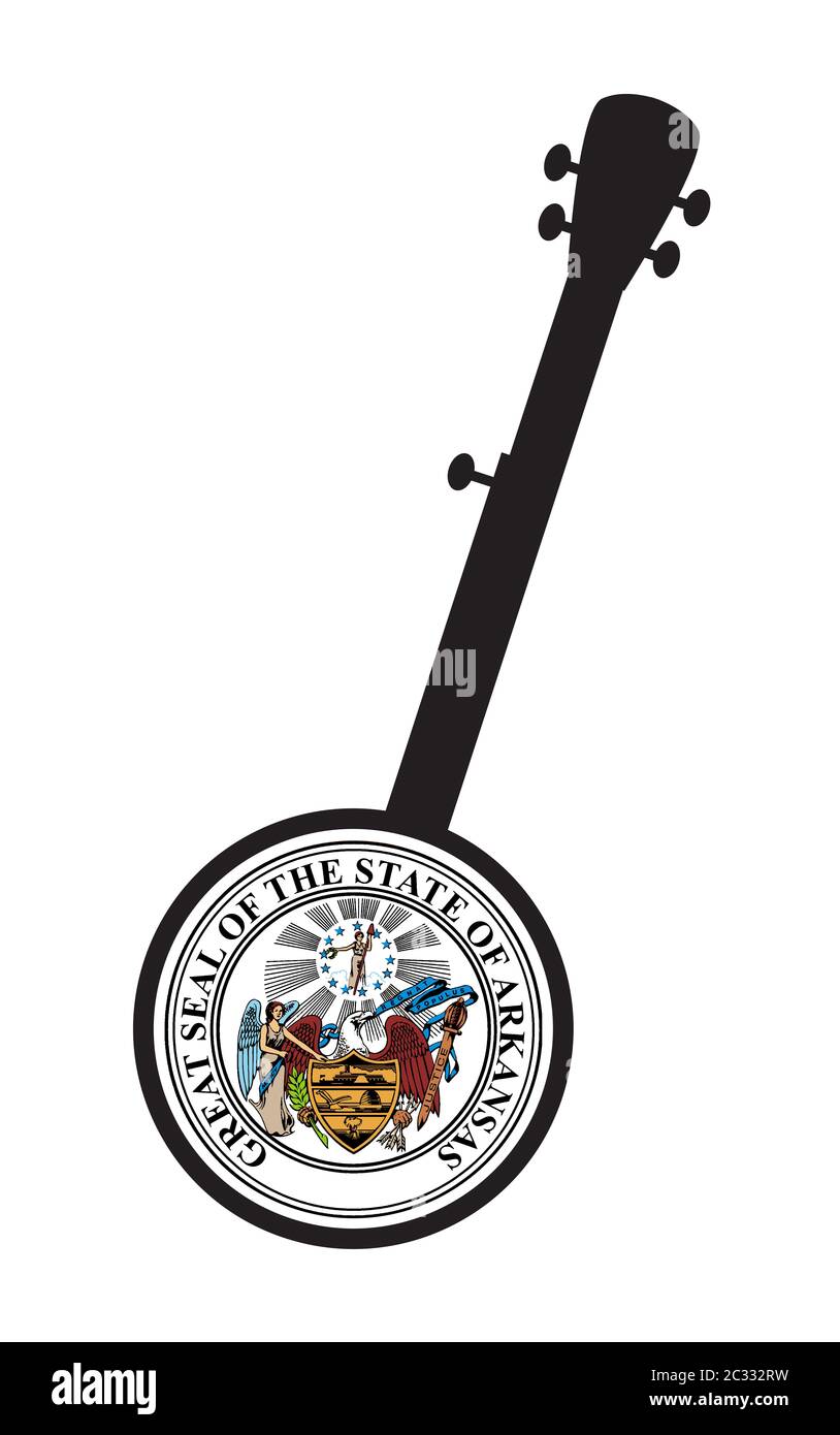 Un tipico cinque banjo stringa in silhouette su uno sfondo bianco merita l'icona dal sigillo dello stato di Arkansas Foto Stock