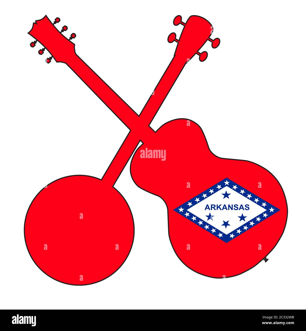 Un tipico quattro banjo stringa in silhouette con una chitarra acustica oltre l'Arkansas state flag su sfondo bianco Foto Stock