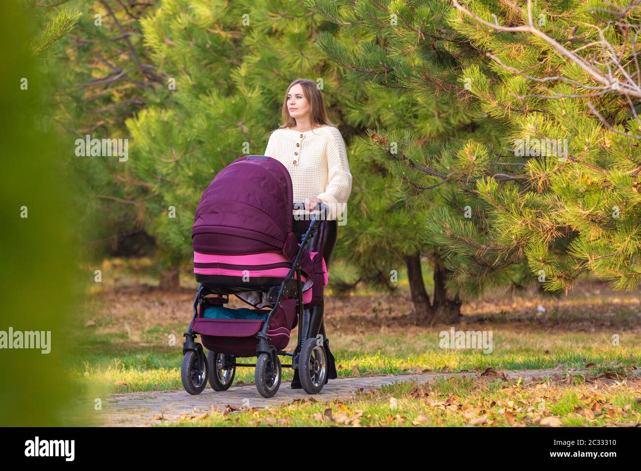 La mamma cammina con il neonato nel parco cittadino autunnale Foto Stock