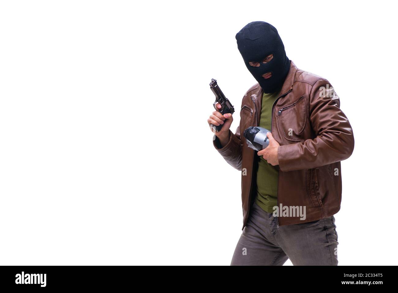Ladro che indossa balaclava isolato su sfondo bianco Foto Stock