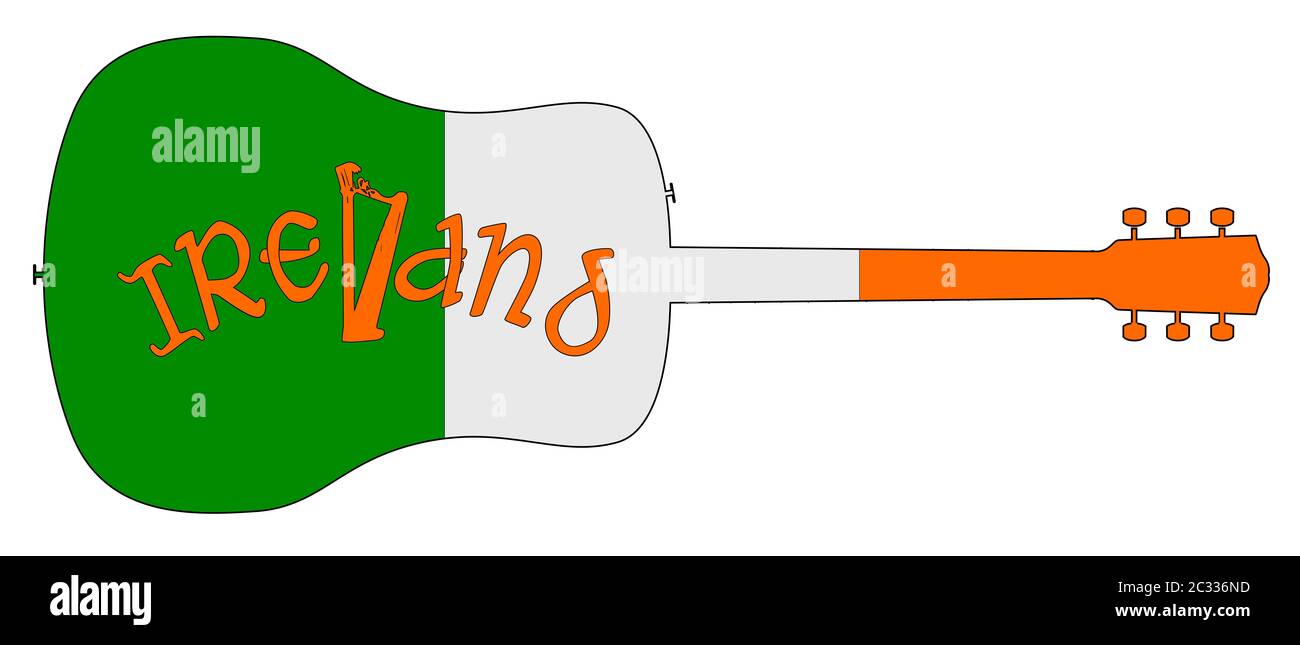 Una tipica chitarra acustica silhouette isolate su uno sfondo bianco con una bandiera irlandese Foto Stock