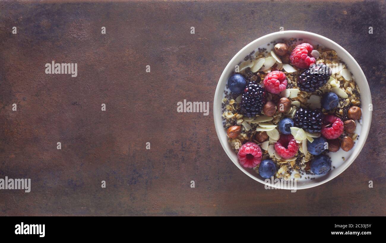 Una ciotola di muesli con frutta su un sfondo di metallo Foto Stock