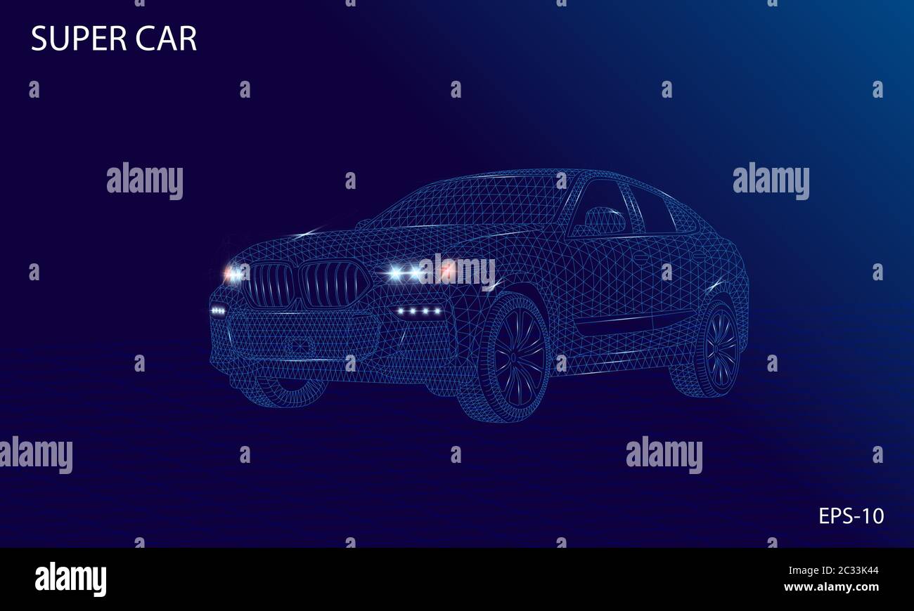 Super Car 3d wireframe rendering futuristico concetto di progettazione illustrazione vettoriale di attrezzature da costruzione Illustrazione Vettoriale