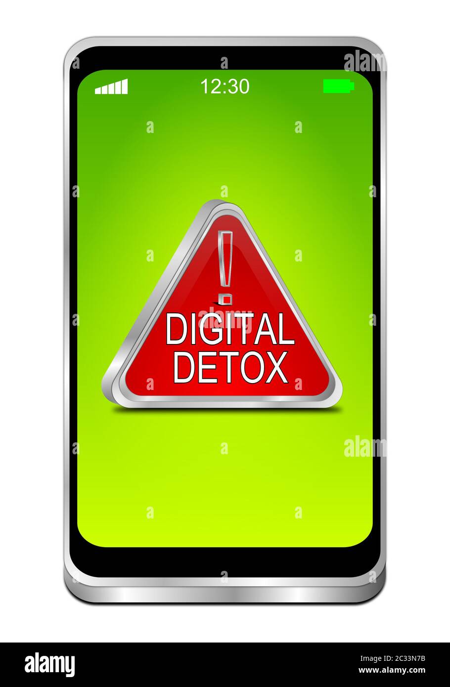Smartphone con detox digitale rosso - segnale social media su display verde - illustrazione 3D Foto Stock