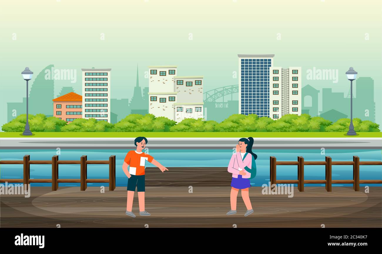 ragazzo e ragazza che giocano insieme vicino alla riva del fiume Illustrazione Vettoriale