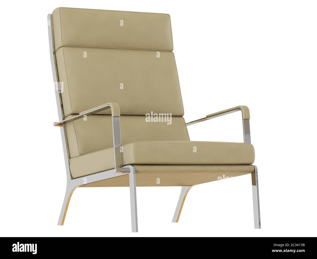 Poltrona in pelle beige con schienale alto su sfondo bianco con rendering 3d Foto Stock