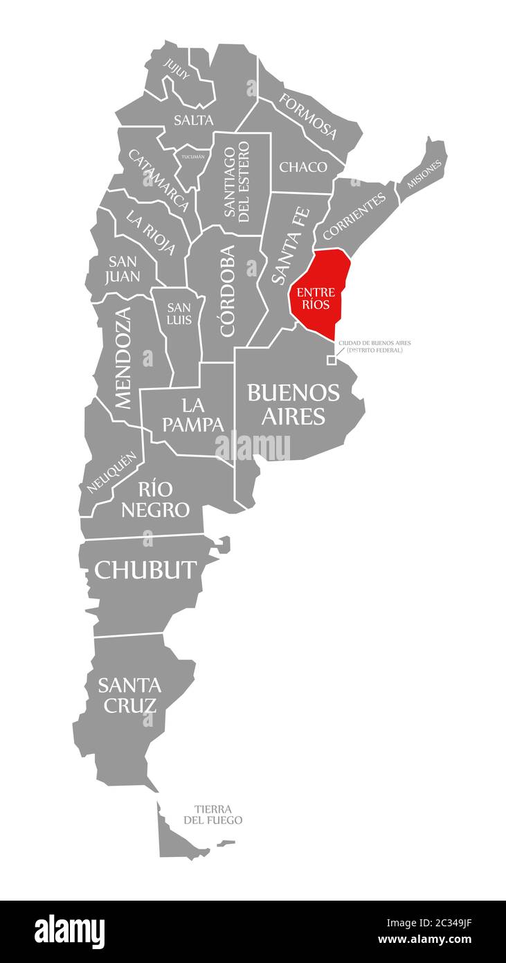 Entre Rios evidenziata in rosso nella mappa di Argentina Foto Stock