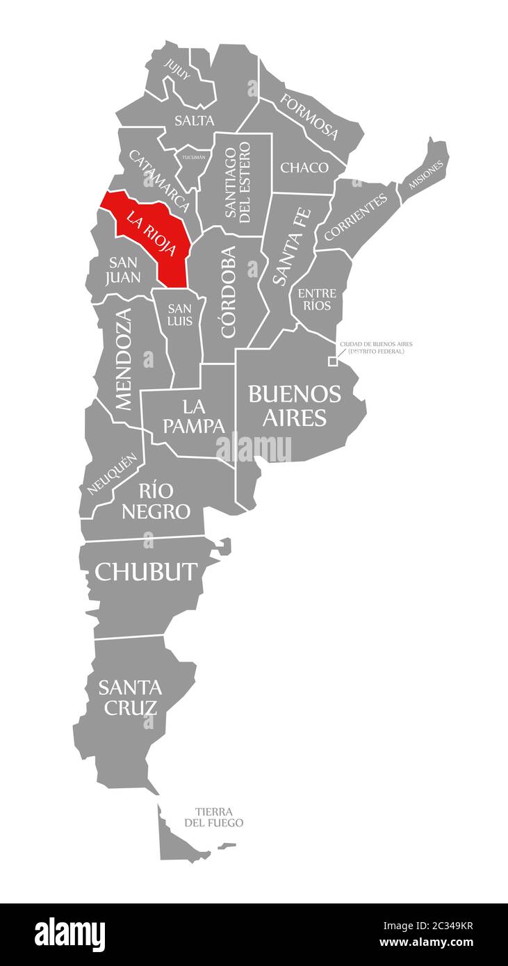 La Rioja evidenziata in rosso nella mappa di Argentina Foto Stock