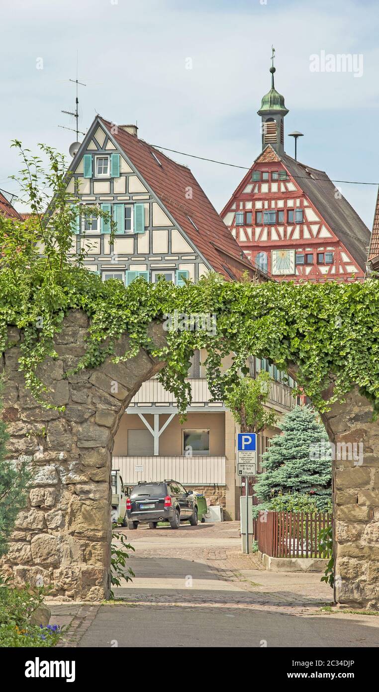 Porta della città e municipio Großbottwar, Baden-Württemberg Foto Stock