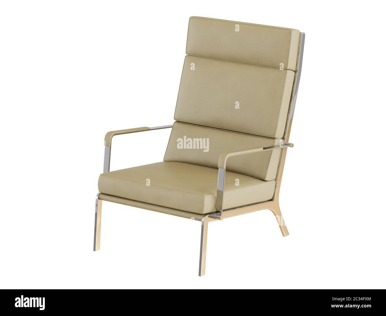 Poltrona in pelle beige con schienale alto su sfondo bianco con rendering 3d Foto Stock