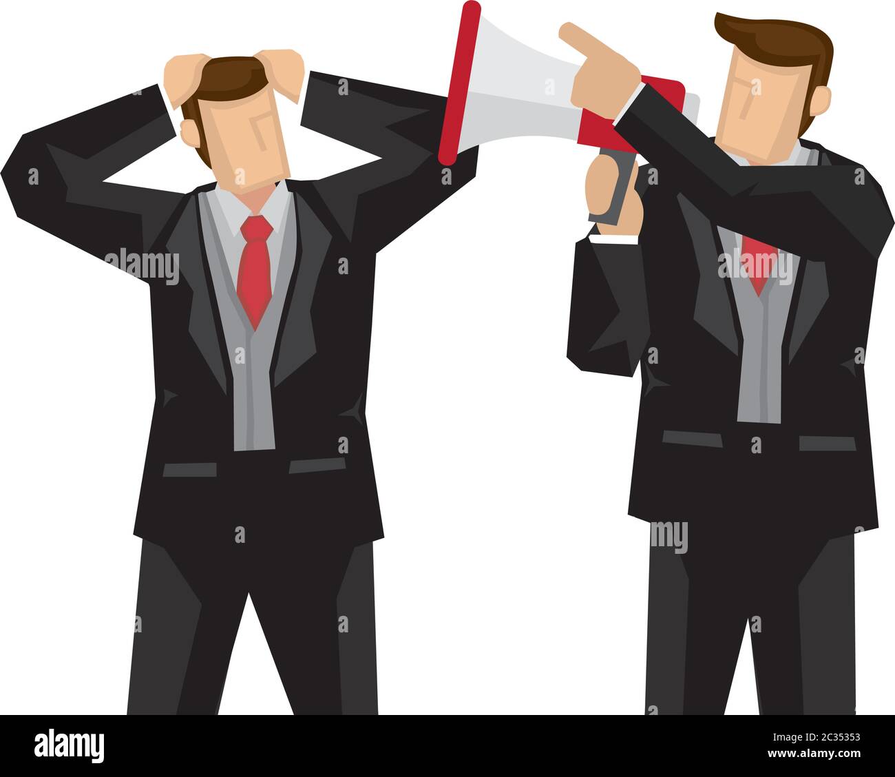 Uomo d’affari che scolta un altro uomo d’affari con un megafono. Concetto di politica di ufficio o concorrenza. Illustrazione vettoriale isolata in piano. Illustrazione Vettoriale