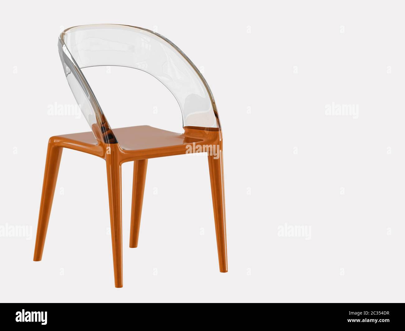 Sedia arancione in plastica con schienale trasparente su sfondo bianco rendering 3d Foto Stock