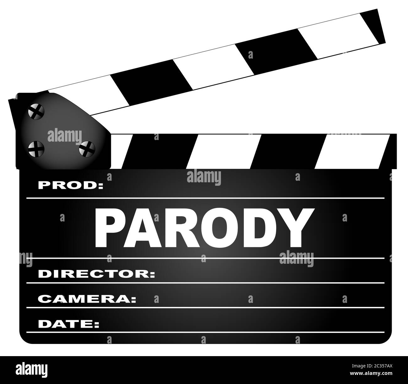 Un tipico film clapperboard con la leggenda Parody isolato su bianco. Foto Stock