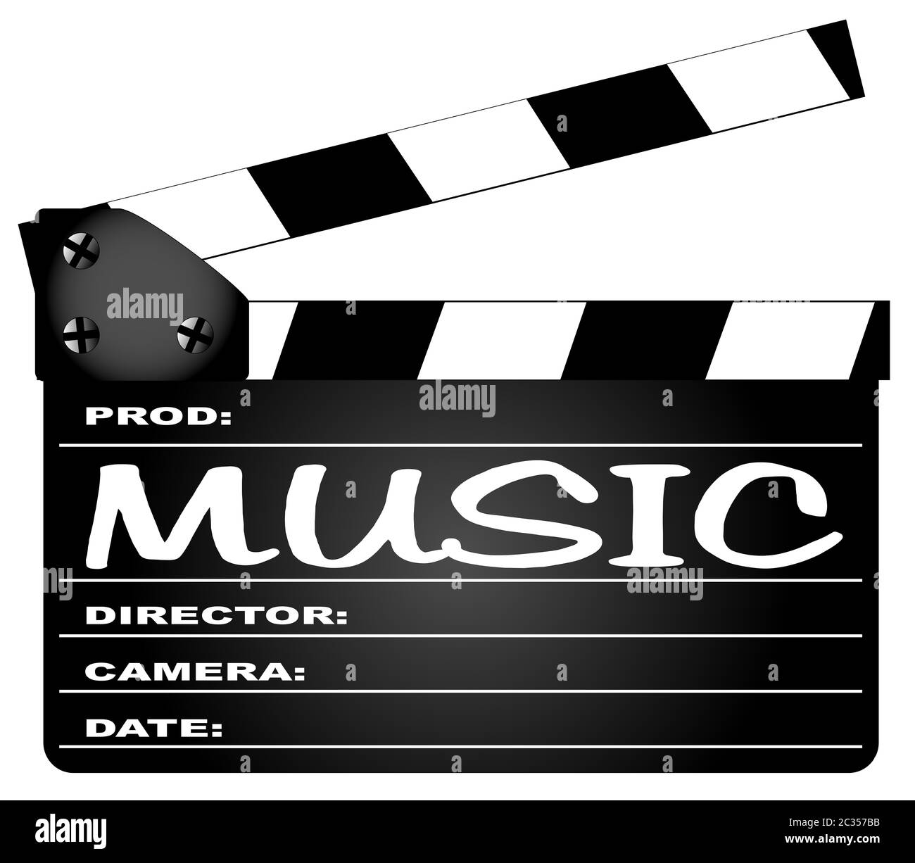 Un tipico film clapperboard con la musica leggenda isolato su bianco. Foto Stock