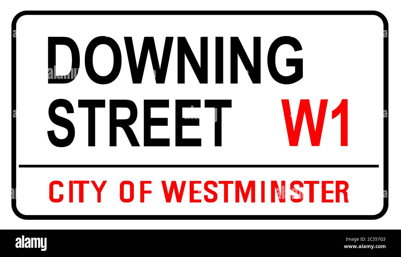 Il cartello con il nome della strada da Downing Street West È la sede del primo Ministro britannico Foto Stock