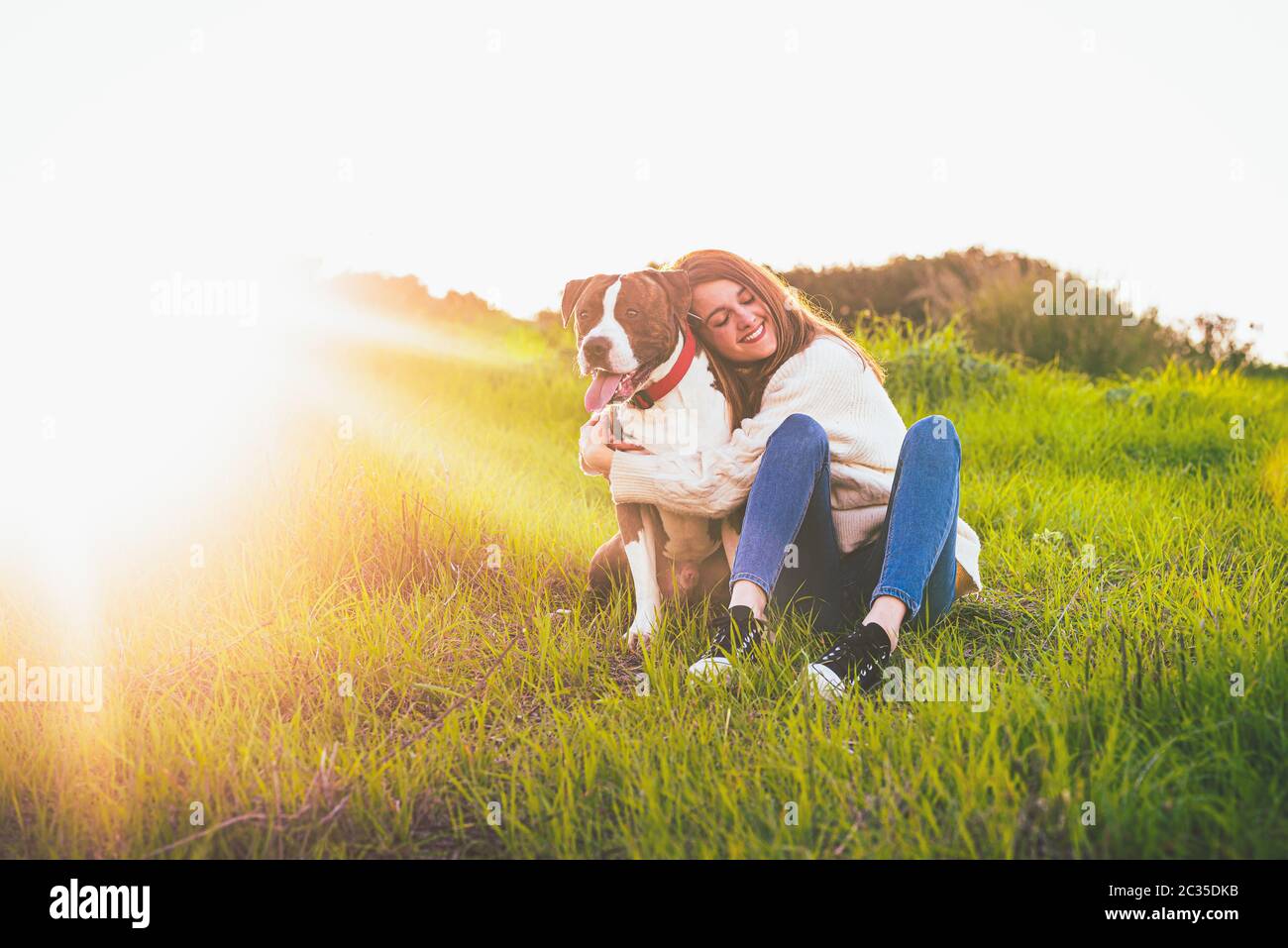 Attraente donna sorridente che abbraccia il suo cane bello. Stranfrod Americano Foto Stock