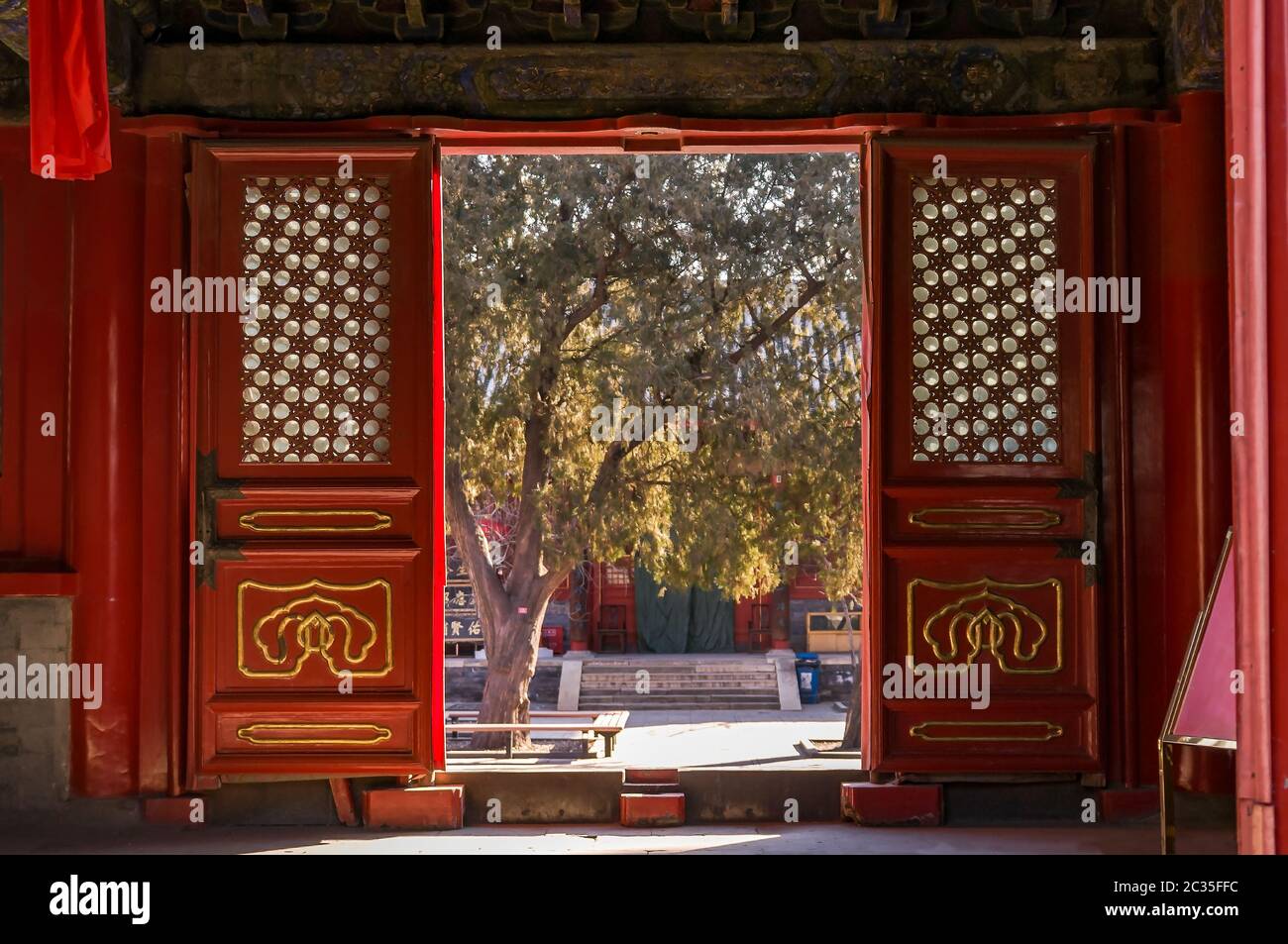 Porta decorata del cortile al Tempio di Pechino del picco Orientale Foto Stock