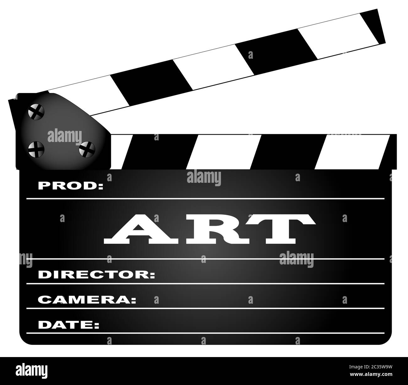 Un tipico film clapperboard con la leggenda Arte isolato su bianco. Foto Stock