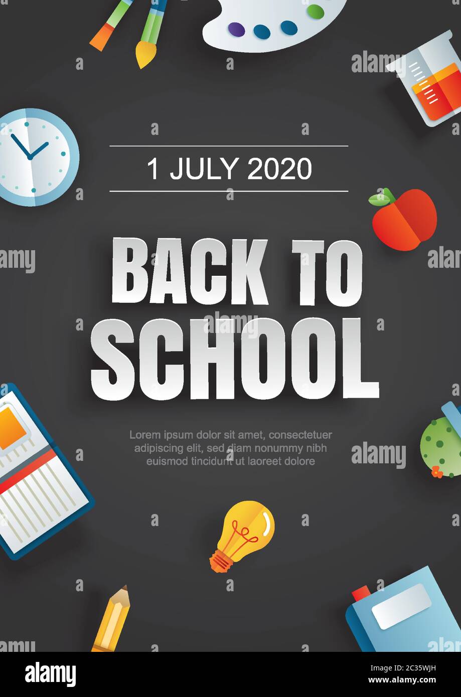 Poster di ritorno alla scuola con elementi didattici su sfondo nero in stile arte cartacea. Illustrazione Vettoriale