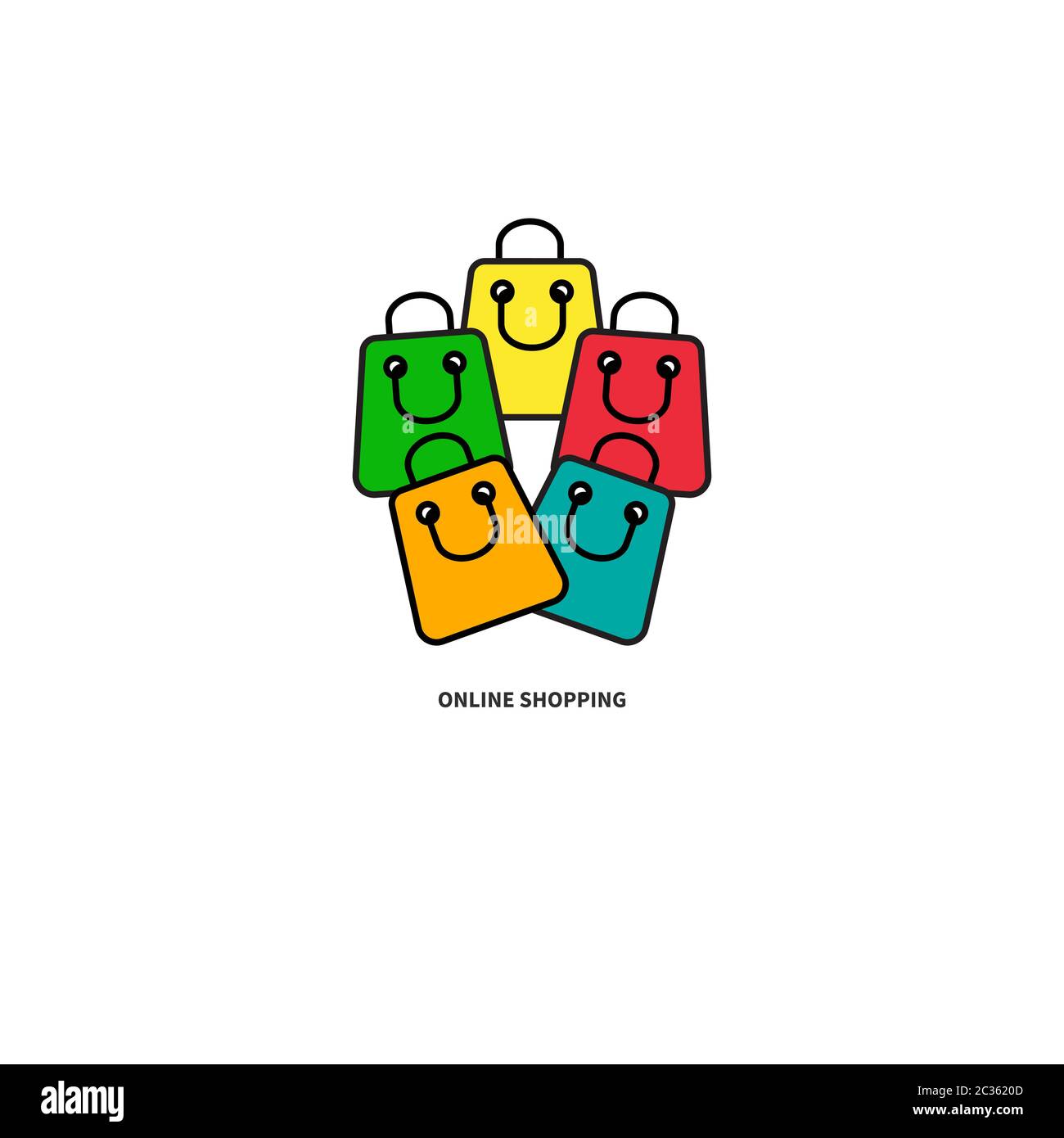 Logo dello shopping online, icona divertente del negozio online, segno del negozio, pacchetti sorridenti Illustrazione Vettoriale