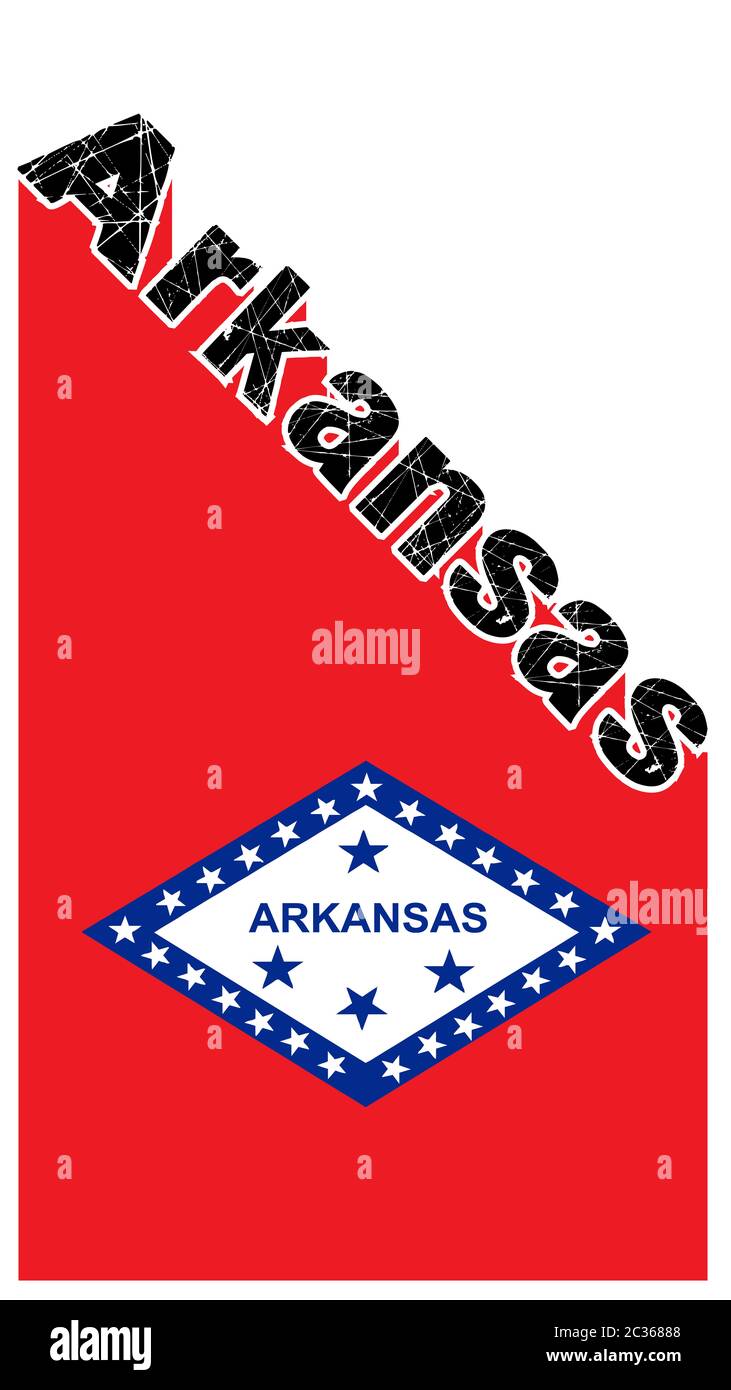 Testo in bianco e nero per proclamare Arkansas con un'ombra sullo sfondo e indicatore di stato Foto Stock